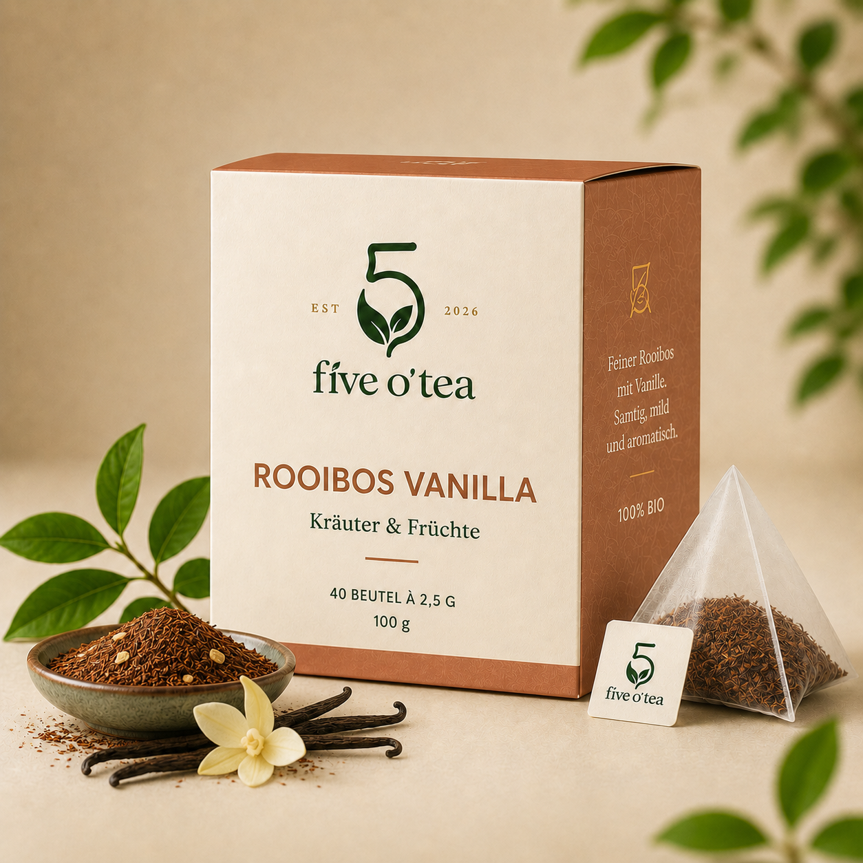 Rooibos Vanilla Verpackung von Five O’Tea