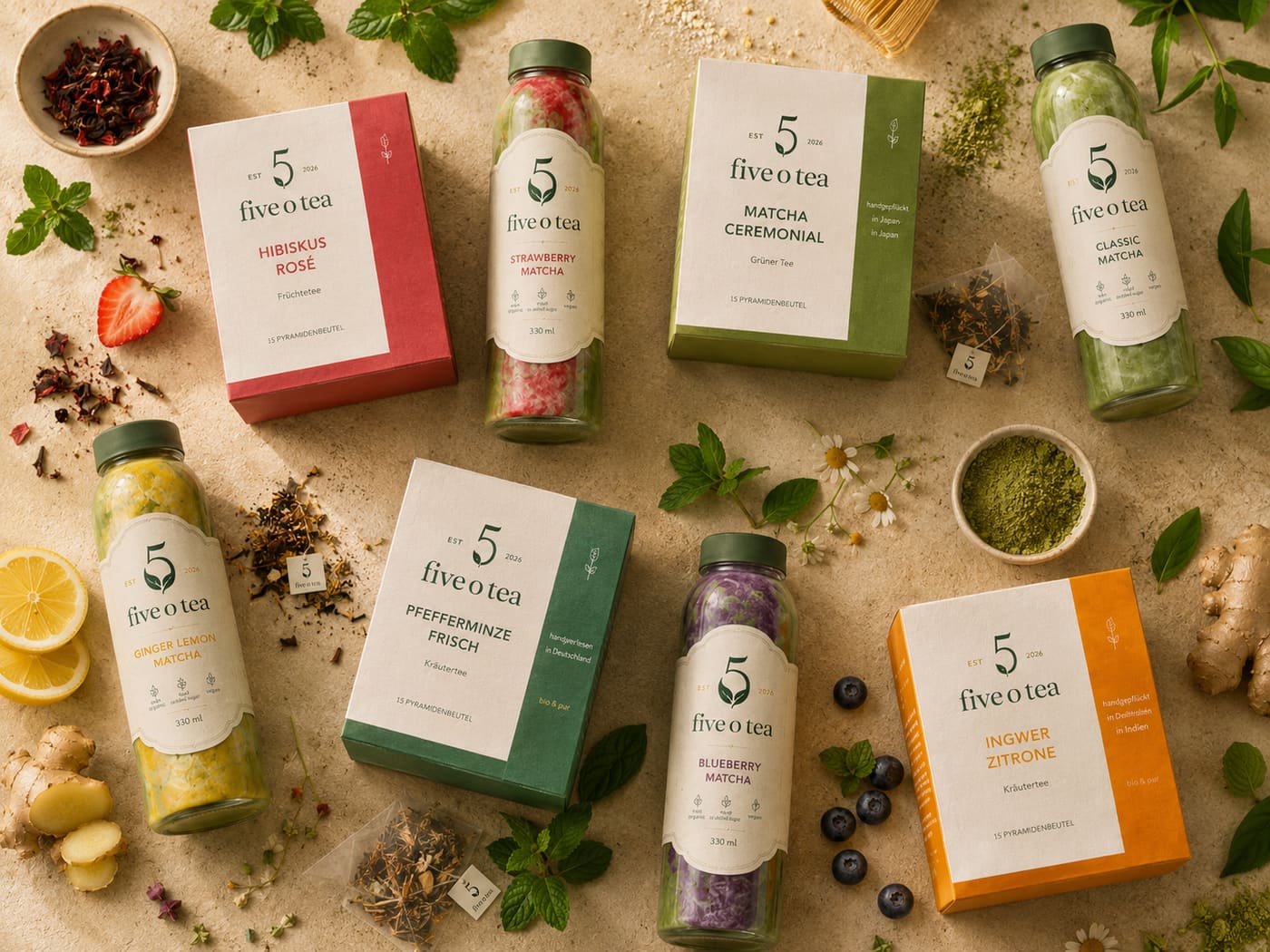 Five O´Tea Sortiment: Matcha, Cold Brews und Tees